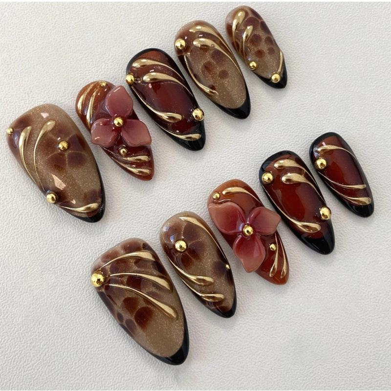 30-Piece Autumn/Winter Gold Foil 3D Flower Almond Nails, Handmade Rhinestone Leopard Print Luxury Nail Art Tips