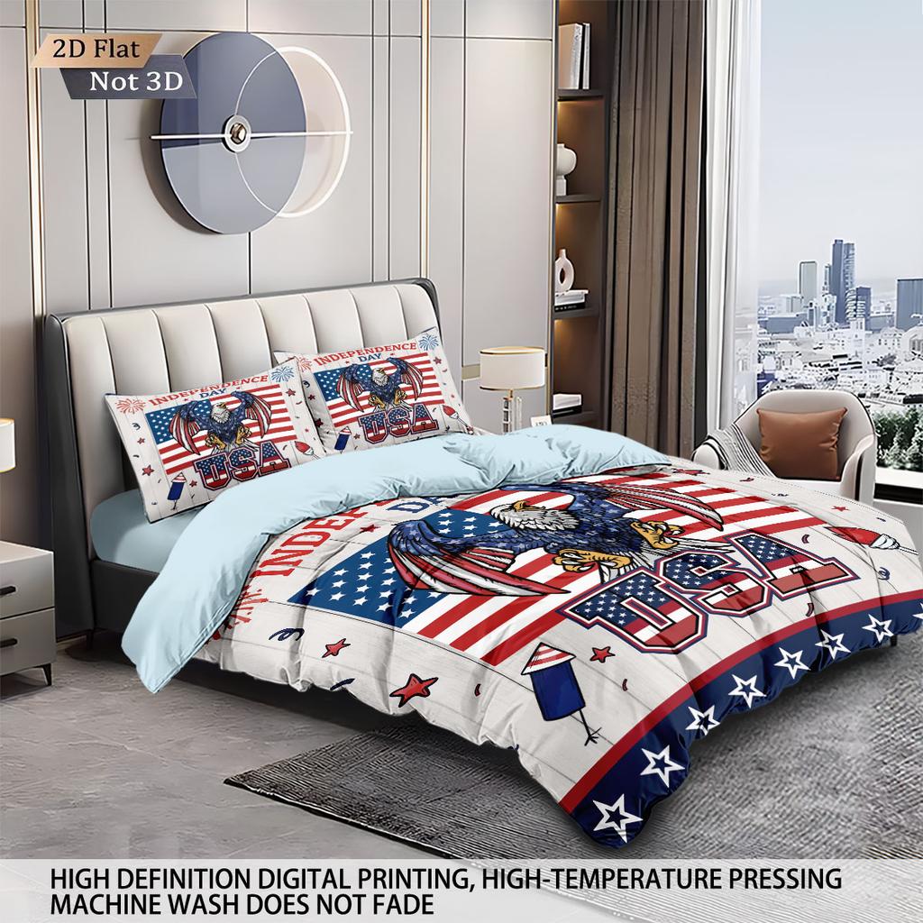 3pcs National Flag Fierce Eagle Print Coreless Down Duvet Cover Set Comfortable Bedroom Bedding Decoration Machine Washable