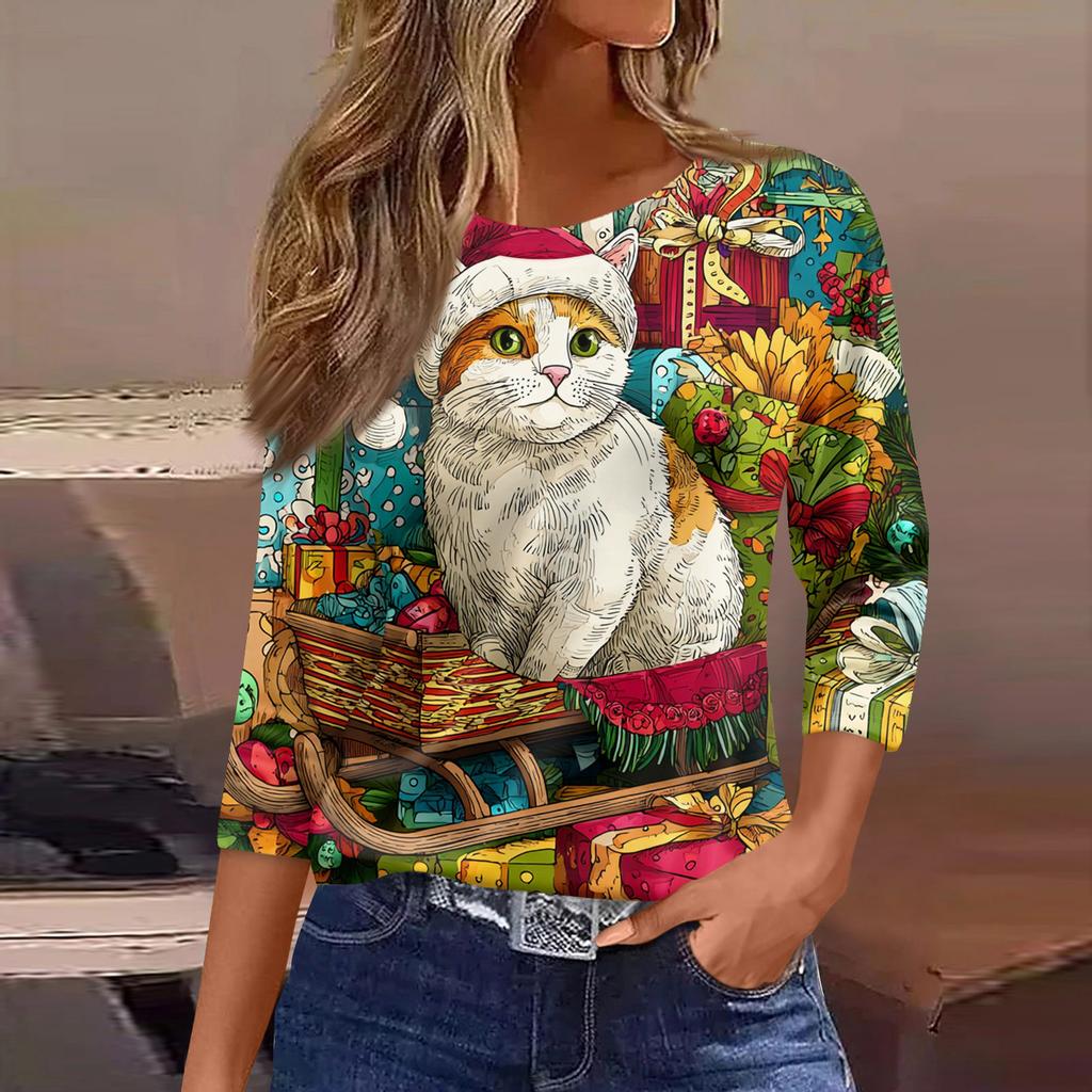 3/4 Sleeve Shirts For Women Print Graphic Tees Blouses Casual Plus Size Basic Tops Pullover