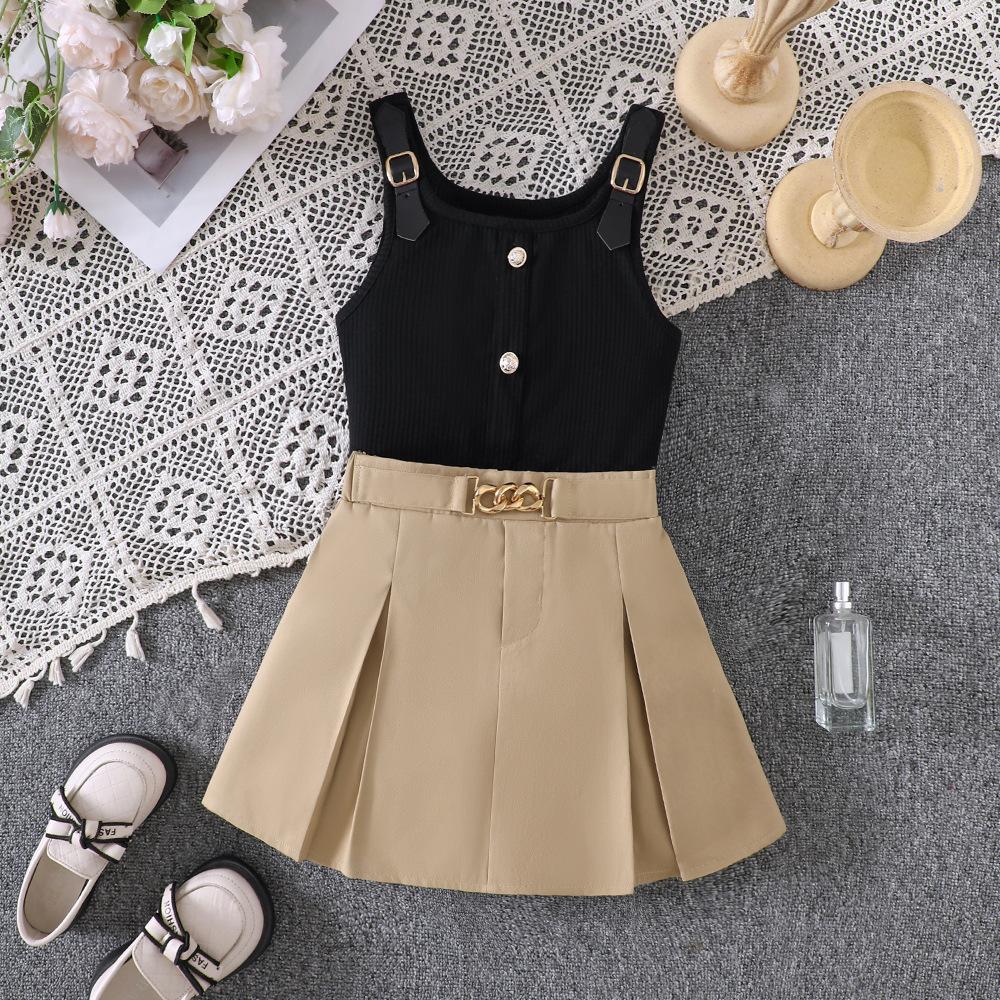 Çocuk Etekleri Çocuk Giyim 8-12Y Kız Çocuk İlkbahar-yaz Yeni Örme Halter Pilili Etek Moda Takım