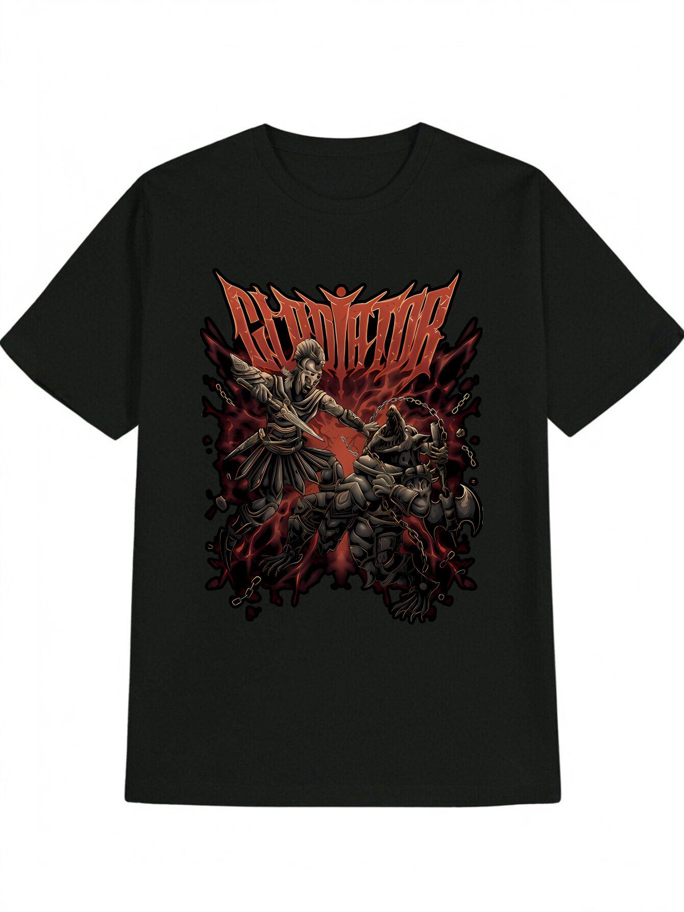 Black T-shirt with Ancient Roman Warrior Sword Design - Bold Red & White Print S