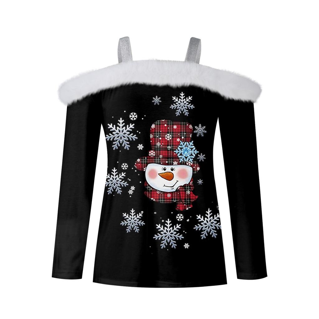 Women's Fashion Long Sleeve Strapless One Shoulder Christmas Printed Party Plush Neck Top