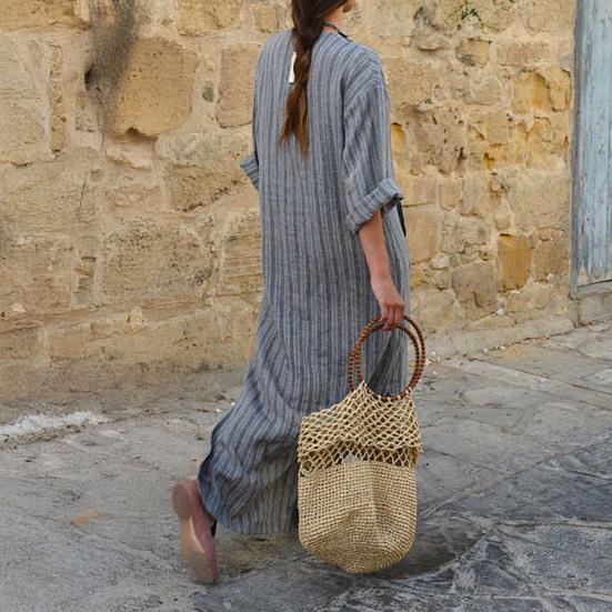 Women's 3/4 Sleeve Striped Maxi Dress Casual Loose Fit Sundress with Front Pocket Summer Beach Vacation Outfits