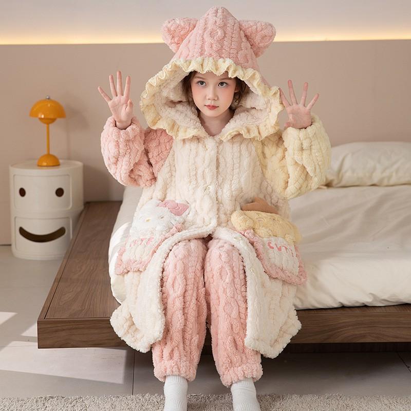Girls Winter Coral Fleece Pajama Set Long Sleeve Hooded Sleepwear Kids 8 Years Soft Warm Home Outfit