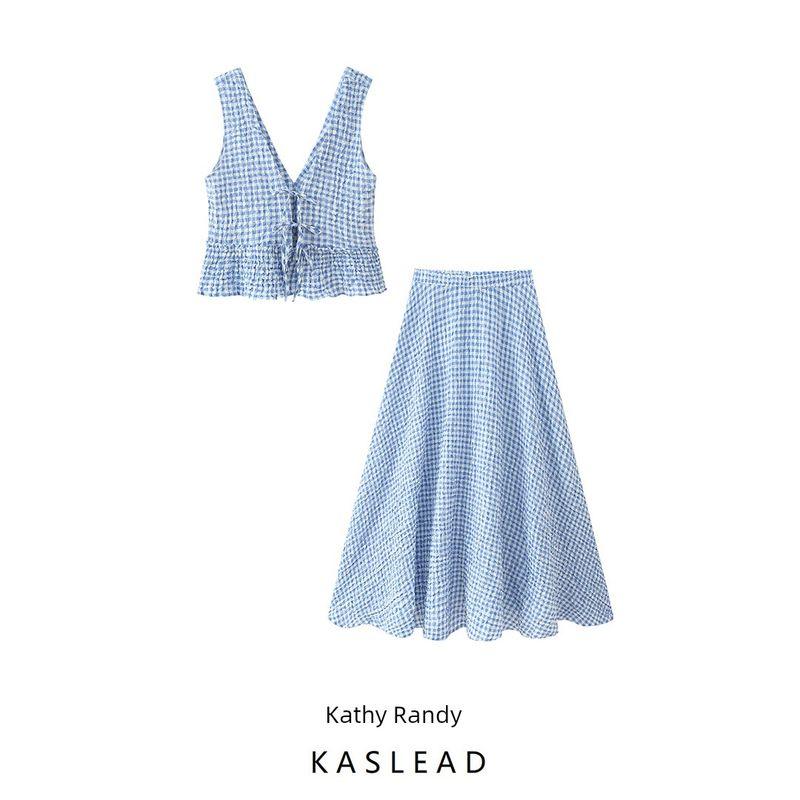 Kaslead New Women Clothes Western Style Fashion Plaid Top Skirt 8741094 8741804 406