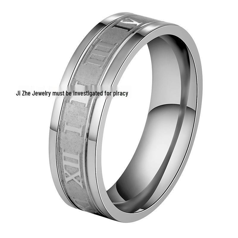 

Классическое кольцо из титановой нержавеющей стали 6 мм с римскими цифрами и прямым краем Size 6