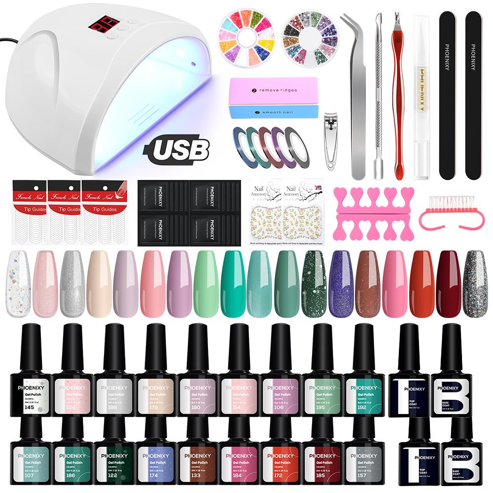 

PHOENIXY 36 Вт лампа для ногтей с 18-цветным набором лаков для ногтей, длинный 8 мл стойкий гель-лак для ногтей, набор гелей для замачивания ногтей, набор инструментов для дизайна ногтей SN1656