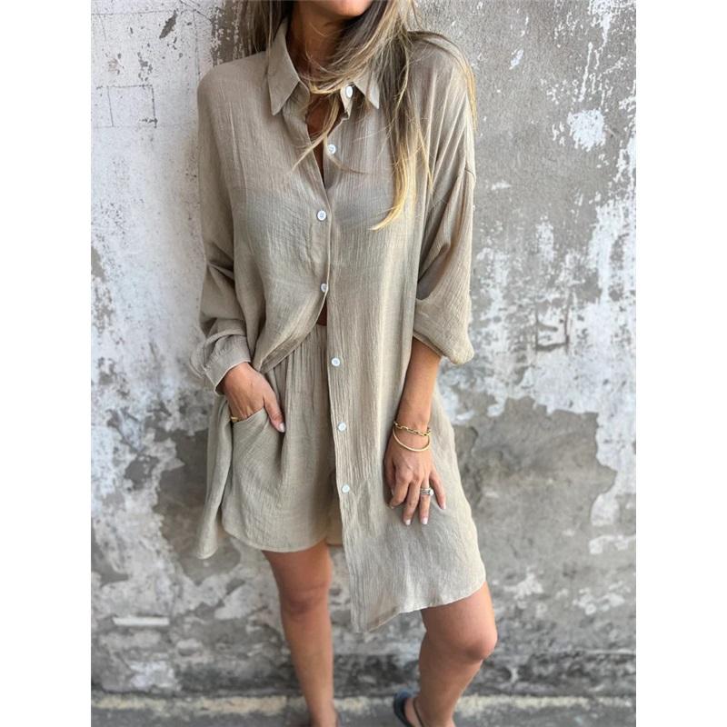 Women's shorts suit casual solid color cotton linen long sleeve wrinkle shirt and shorts two-piece set