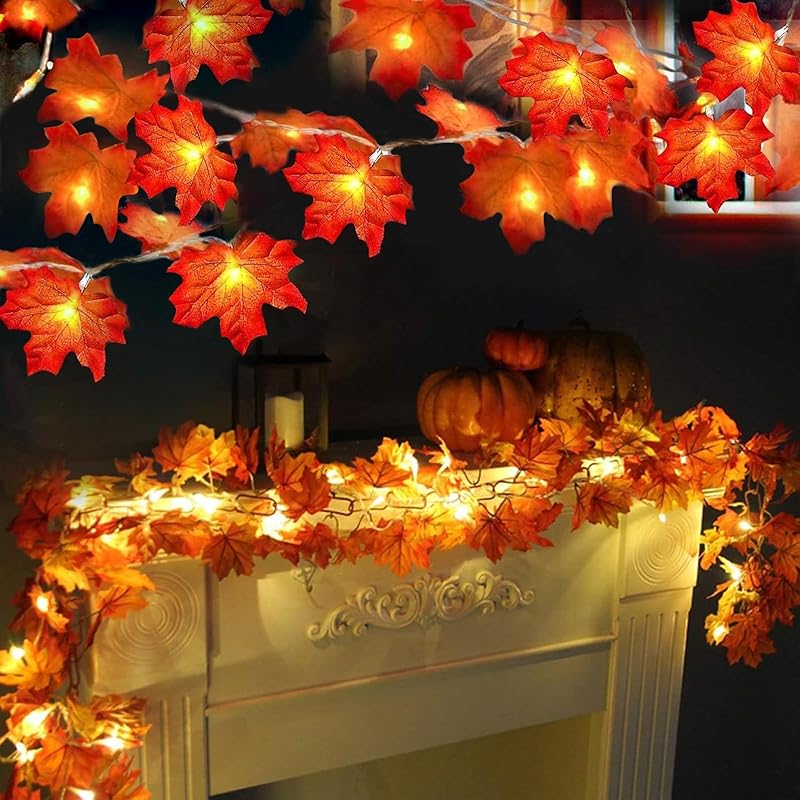 TURNMEON 2 Pack Thanksgiving Decorations Enlarged Maples Leafed Lights Total 20Ft 40LED Fall Decorations for Home, Battery Operated Autumn Garland 2 Pack