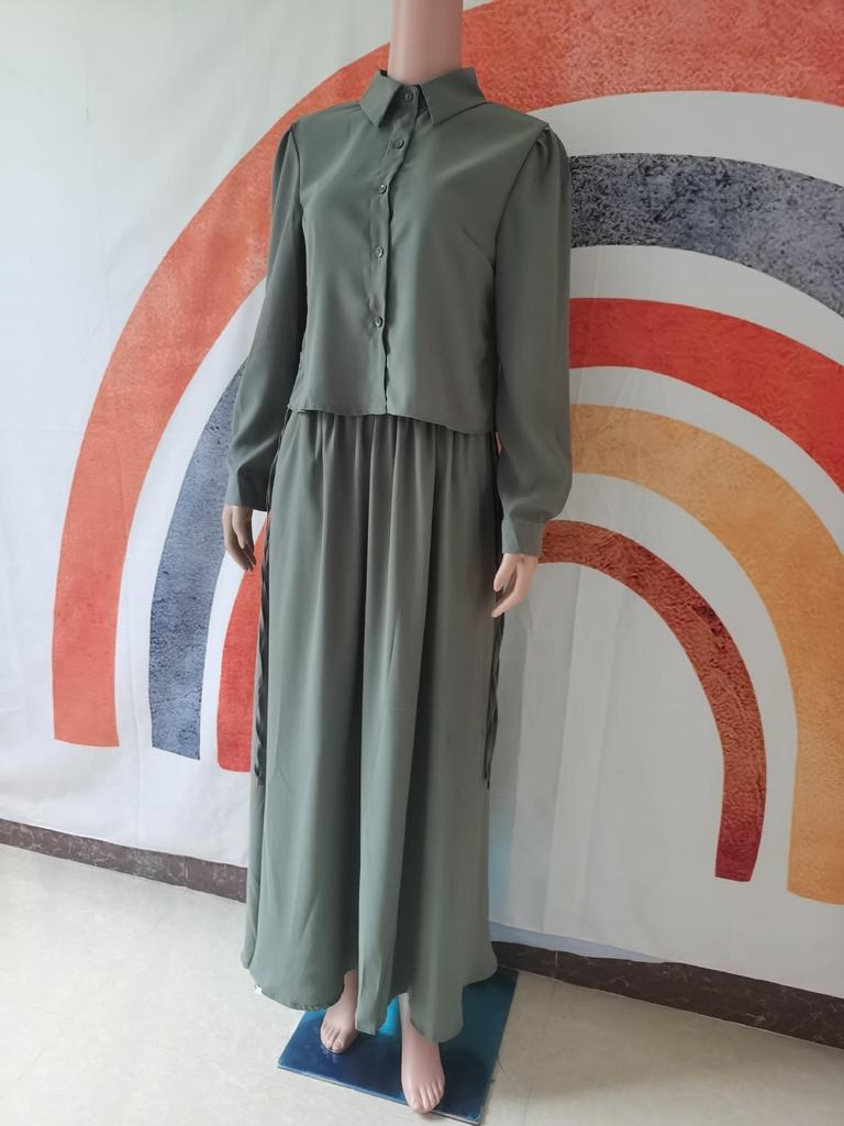 In-Stock Midi Skirt Set: 2024 Long-Sleeved Shirt Casual Dress for Muslim Arab Women