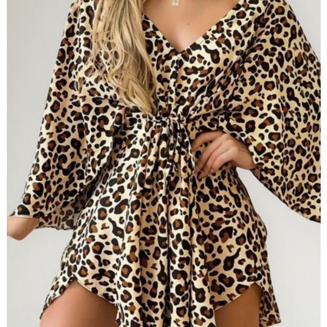 

Autumn Sexy V-neck Irregular Bat Sleeve Lace-up Dress XXXL леопардовий