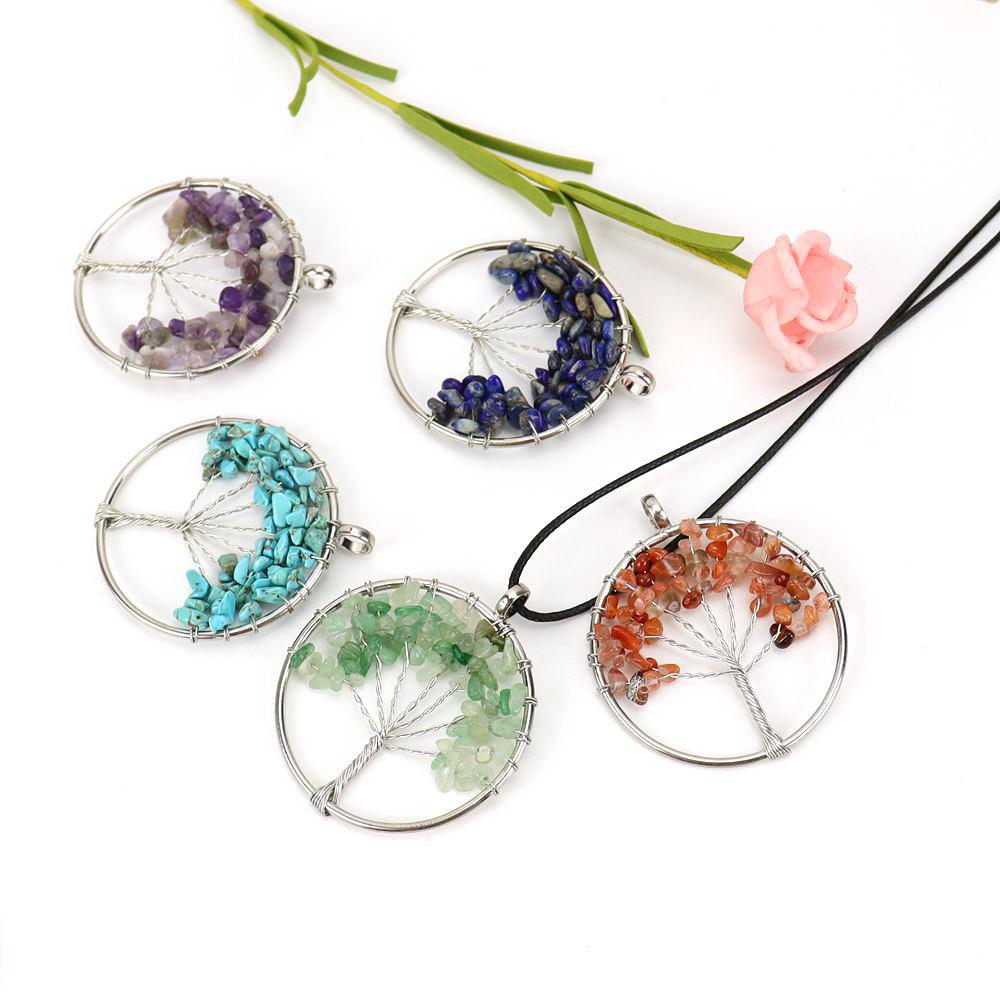 Hand-Wound Natural Gravel Crystal Tree Of Life, Natural Stone Fortune Tree Colorful Necklace N85