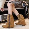 Cowhide Version Pointed Thick Heel Thin Trouser Boots Women's Retro Western Cowboy Boots Women's Maillard Brown Knight Boots