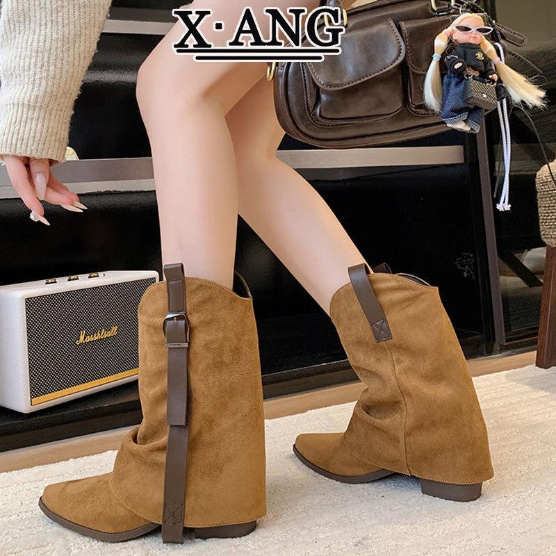 Cowhide Version Pointed Thick Heel Thin Trouser Boots Women's Retro Western Cowboy Boots Women's Maillard Brown Knight Boots
