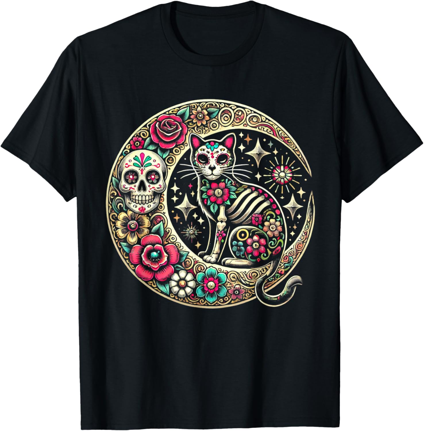 Cat Moon Dia De Los Muertos Day Of The Dead Sugar Skull T-Shirt S
