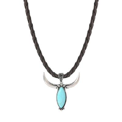 Ethnic Turquoise Bullhead Necklace Handcrafted Leather Jewelry Design For Daily Use