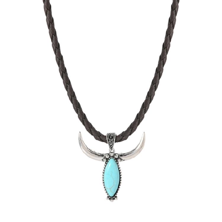 Unique Turquoise Bull Head Pendant Necklace Soft Leather Ethnic Jewelry For Festival Outfits