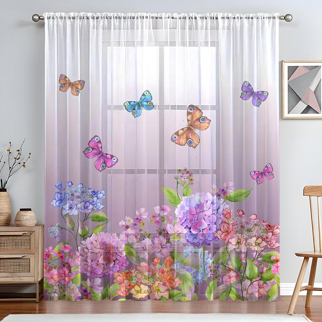 1PC Art Deco Style Sheer Curtain Tiers, Pastoral Flower and Butterfly Print,Rod Pocket, No Bleach, Clear Opacity, for Bedroom, Living Room