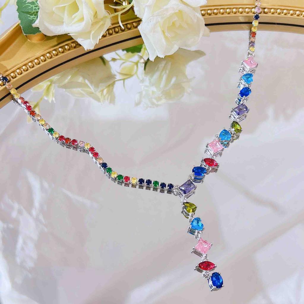 Star Full Colored Candy Bracelet Female, Luxury High-End Splicing Y-Shaped Neck Chain, Thin Colored Gem Necklace