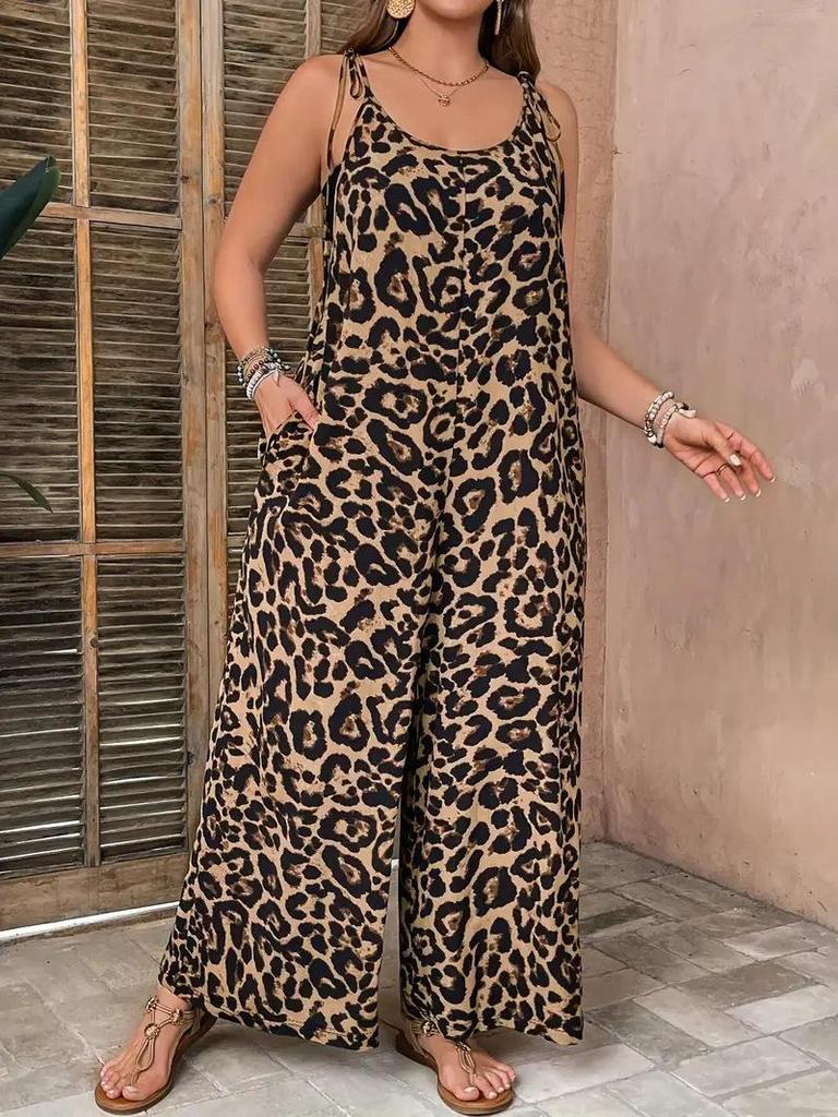 Chic Leopard Print Jumpsuit with Pockets: Casual, Loose, Thin Straps, Perfect for Spring/Summer/Autumn