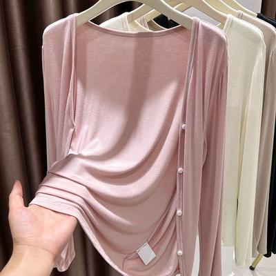 Women's Summer Lightweight V-Neck Cardigan: Solid-Color Long-Sleeve Button-Up Sun Protection Jacket