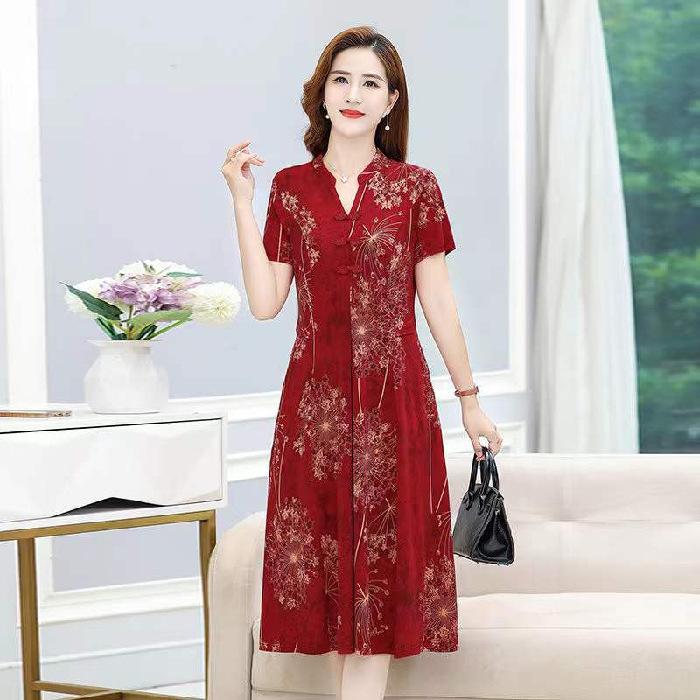 Solid Coloured Spring Summer Plus Size Women's  Medium Length Short Sleeved Retro Cheongsam Thin V Neck Dresses