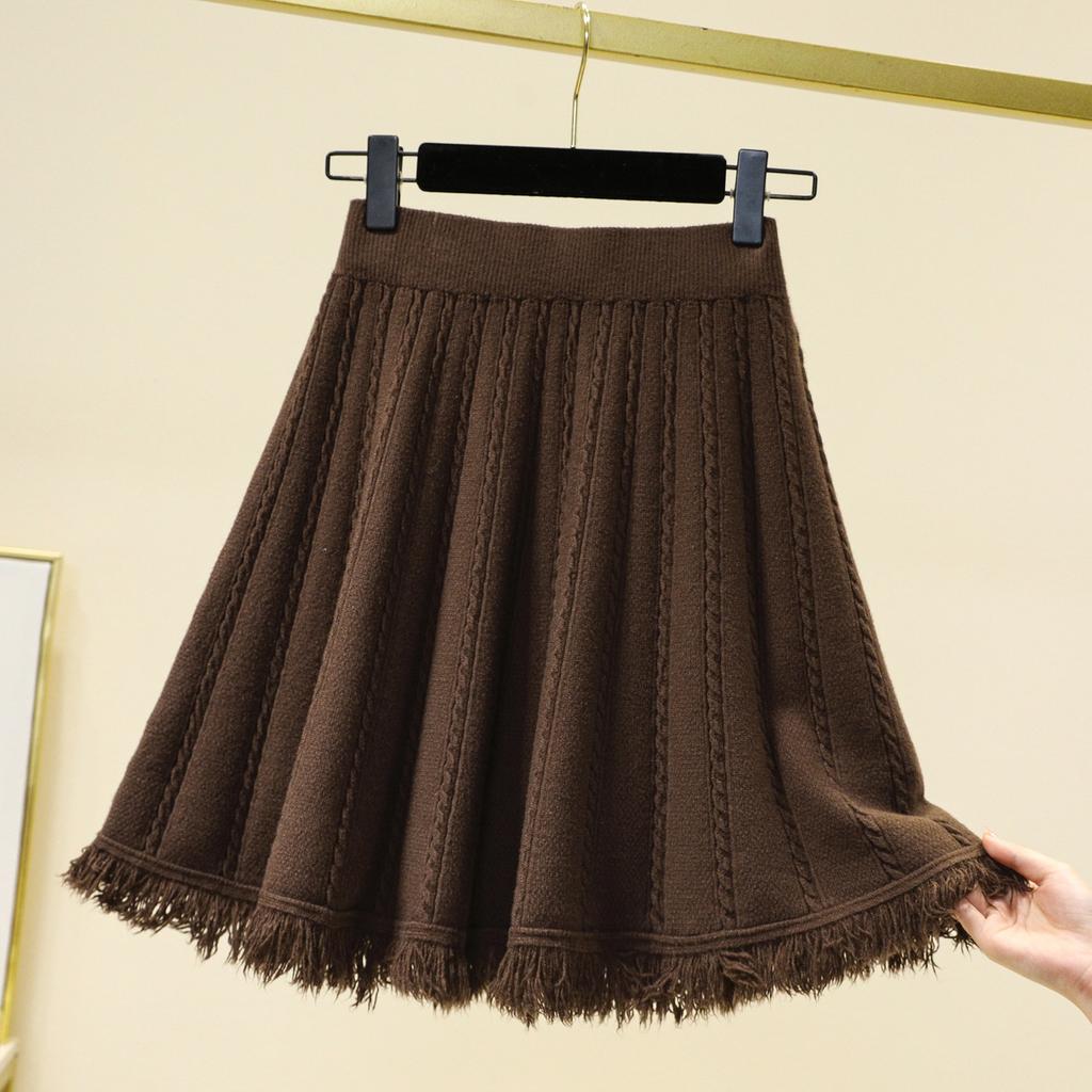 Large Size Women's Winter Fat Mm Elastic High Waist Slimming A-line Skirt Covering Belly and Age-reducing Knitted Half-body Skirt