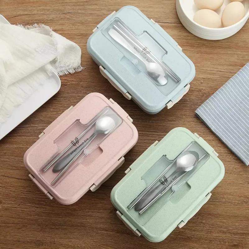 Microwave Lunch Box with Spoon Chopsticks Wheat Straw Dinnerware Food Storage Container Children Kids School Office Bento Box