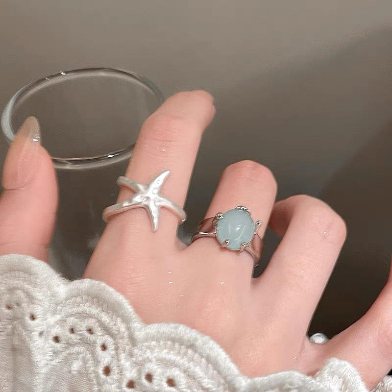 2pcs/set Sweet Starfish Blue Zircon Open Rings For Women Girls Ocean Style Simple Star Finger Ring Aesthetic Jewelry Y2K