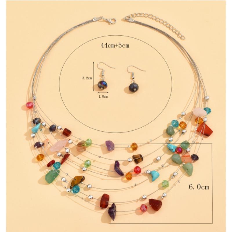 European and American Exaggerated Bohemian Gravel Mixed and Matched Multi-layer Temperament Necklace, Earrings (set)