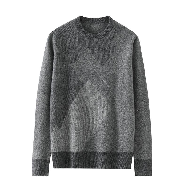 Men's 100% Pure Wool Color Block Round Neck Sweater - Thick Jacquard Knit for Autumn/Winter, Loose Casual Fit.
