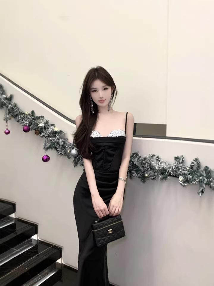 Elegant Black Mesh Sleeveless Fishtail Formal Dress - French Retro Knee-Length for Women