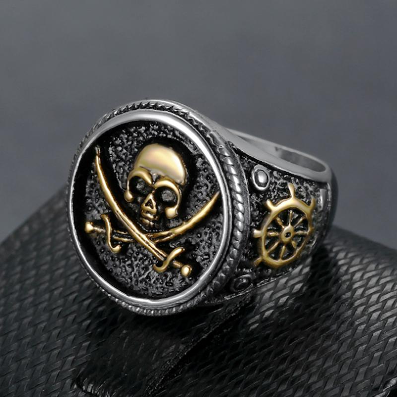 Vintage Men's Pirate Signet Double Knife Skull Ring Golden/Silver Stainless Steel Compass Goth Punk Ring