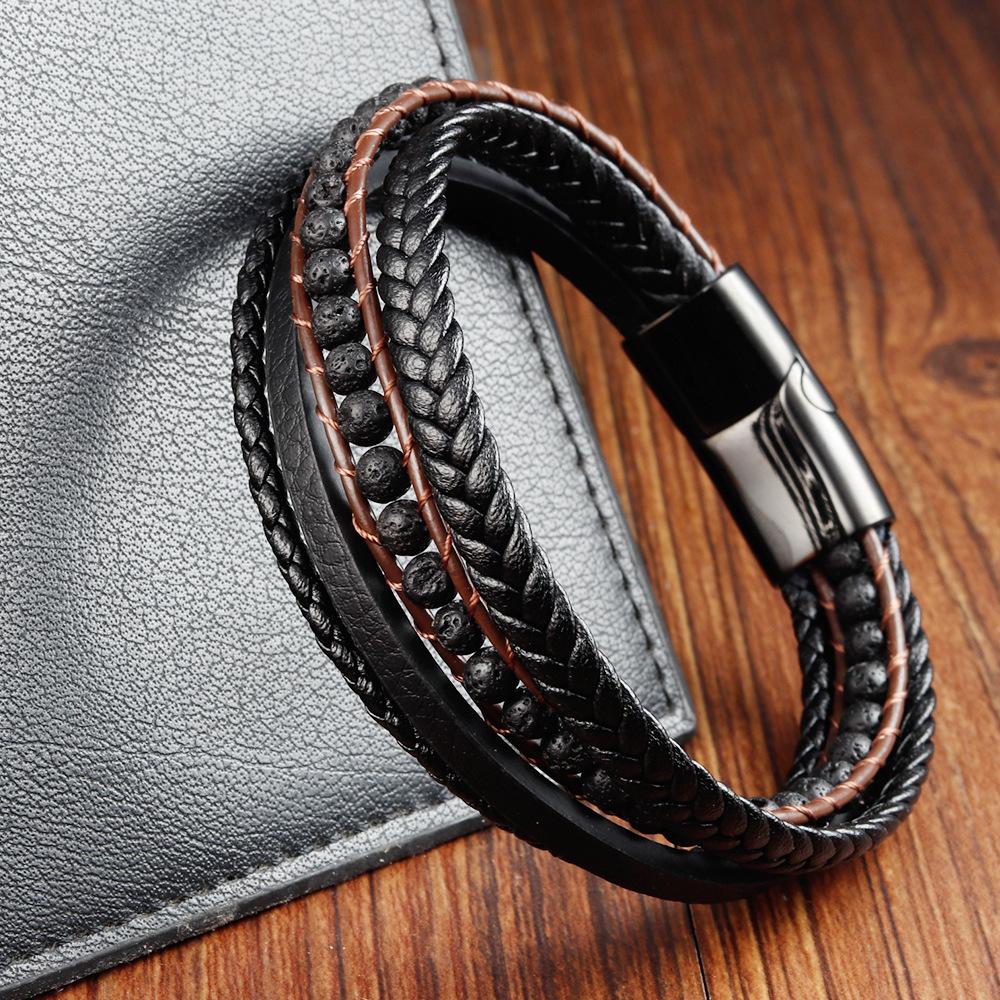 Черный Кожаный Шнур Коровья Кожа Мужской Двухслойный Натуральный Камень Плетеный Браслет Ручной Работы Многослойный Кожаный Браслет 2026 21CM