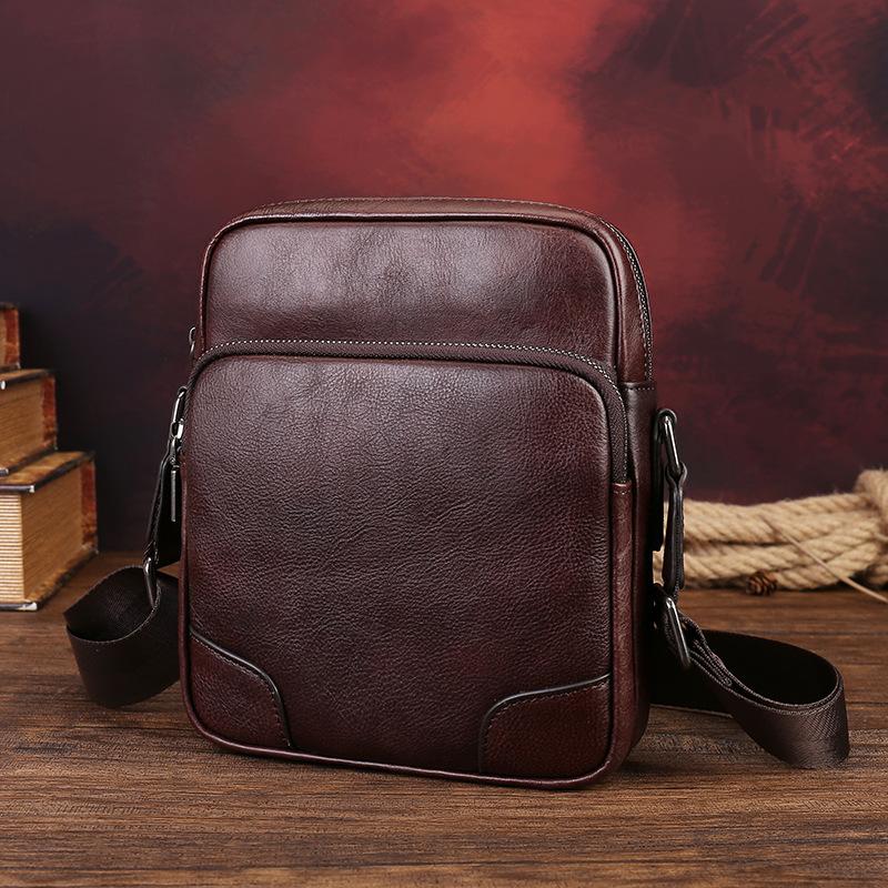 Umhängetasche, Echtes Leder, Lässige Herren Tasche, Einzelne Schultertasche, Pendler Handy Tasche, Kleine Herrentasche kaffeebraun