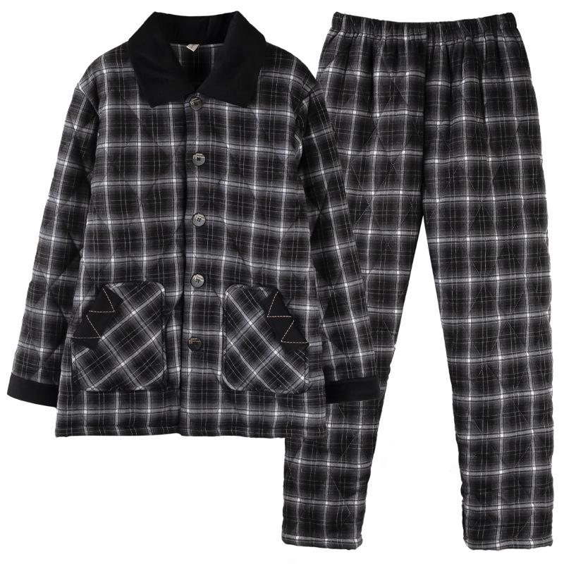 Pajamas Men'S Winter Pure Cotton Padded Three-Layer Thickened Piled Padded Cotton Woven Warm Autumn And Winter Loungewear Set