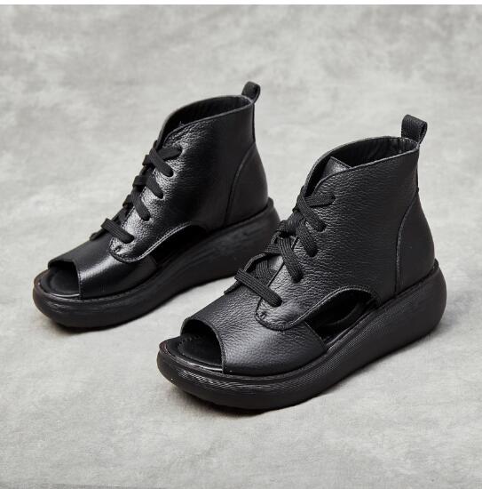 

Summer genuine leather sandals cowhide thick bottoming open toe platform shoes flat holes women s Roman cool boots C286 41 чёрный