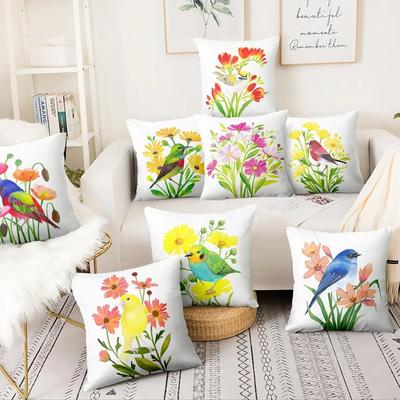 Taie d'oreiller décorative peinte à la main avec fleurs, oiseaux et papillons, pour salon, bureau, maison
