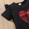 Girls Fashion Outfit Plaid Heart Embroidery Flutter Sleeve Top and Shorts 3 Piece Set