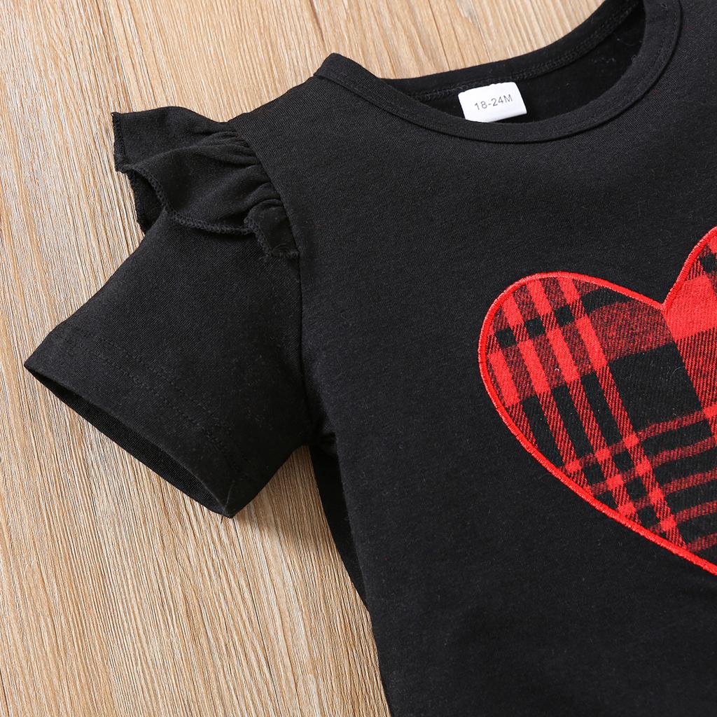 Girls Fashion Outfit Plaid Heart Embroidery Flutter Sleeve Top and Shorts 3 Piece Set