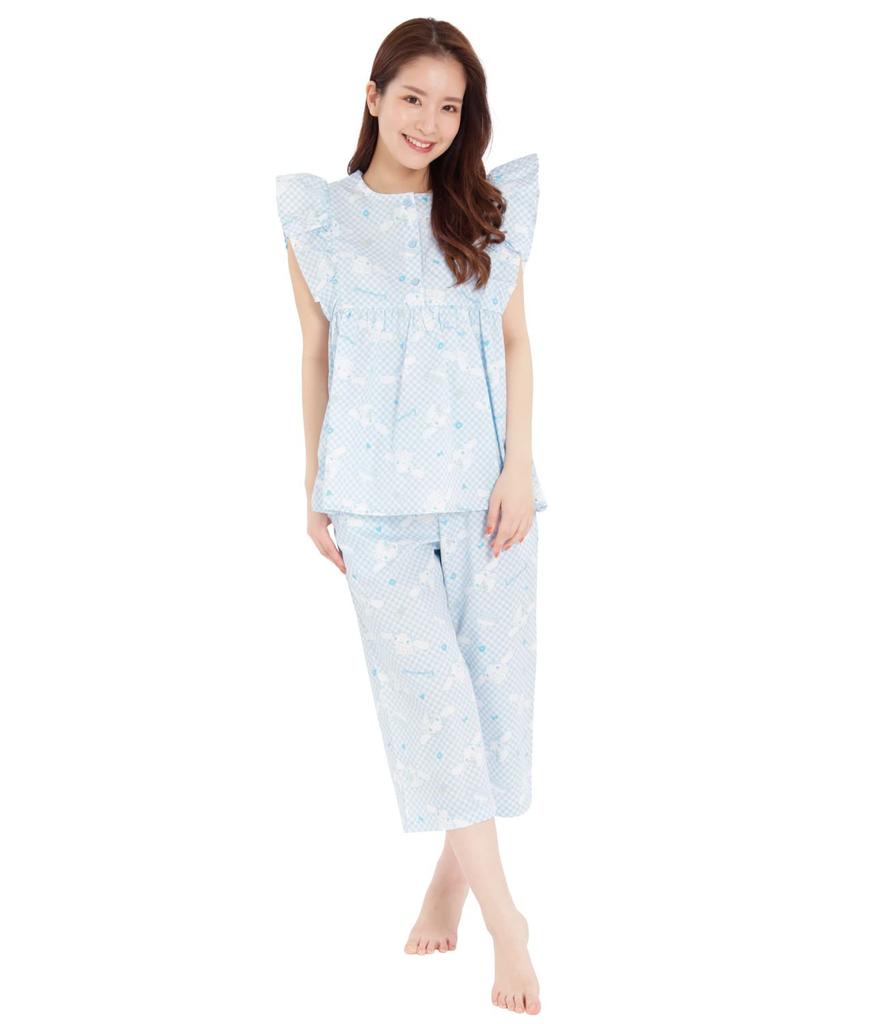 SAN1479 Gingham Check Cinnamon Ruffle Pajamas Short Sleeve Long Pants Top and Bottom Set Room Wear Cinnamoroll Sanrio Sanrio [SAZAC] Women's Blue/M