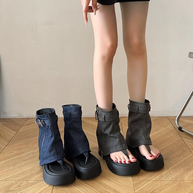 Niche designer jeans tube boots women's summer new thick-soled fashion buckle tooling boots handsome Martin boots
