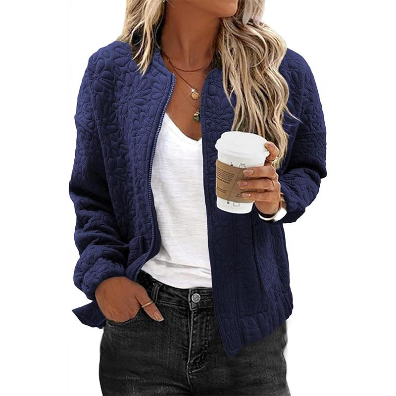 Damen Herbst Winter O-Ausschnitt Langarm Reißverschlussmantel Große Tasche Warmer Parka Schicke Einfarbige Jacke