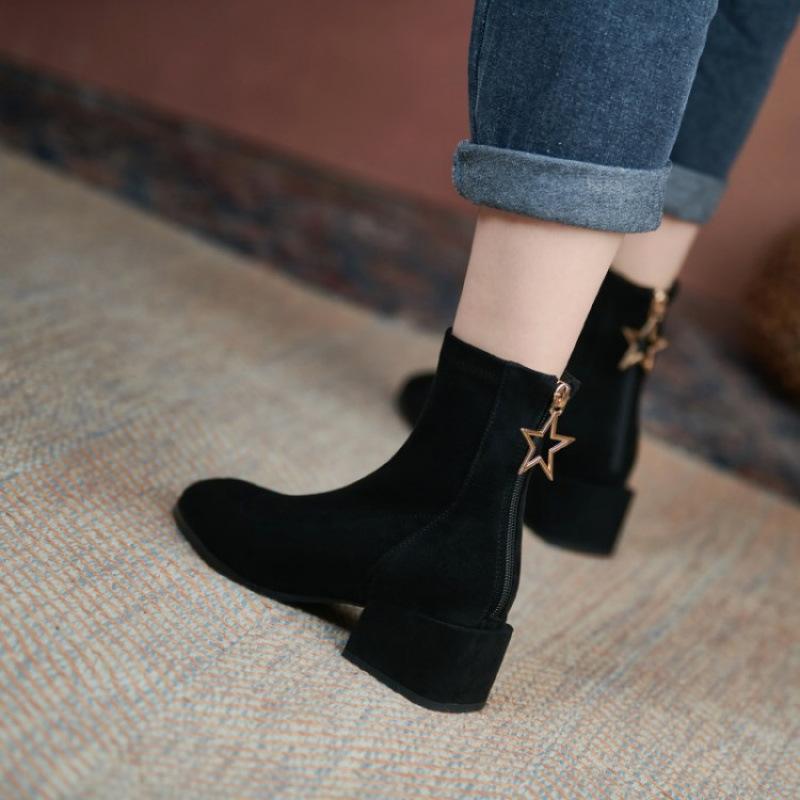 Autumn and winter suede fashion boots women's medium heel rear zipper large size women's boots round head square heel new rubber sole low boots