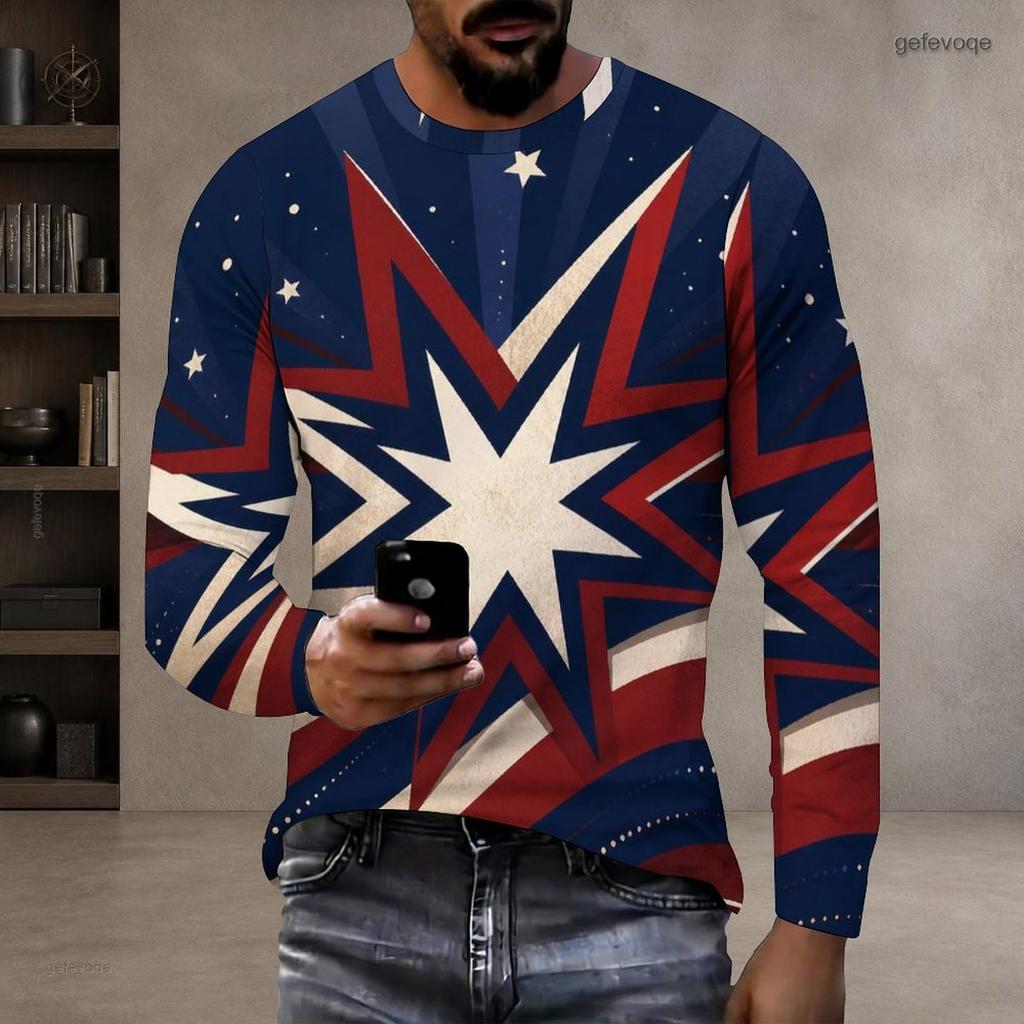 Men S Plus Size Round Neck Long Sleeve Printed T Shirt Red Blue White Casual Pullover