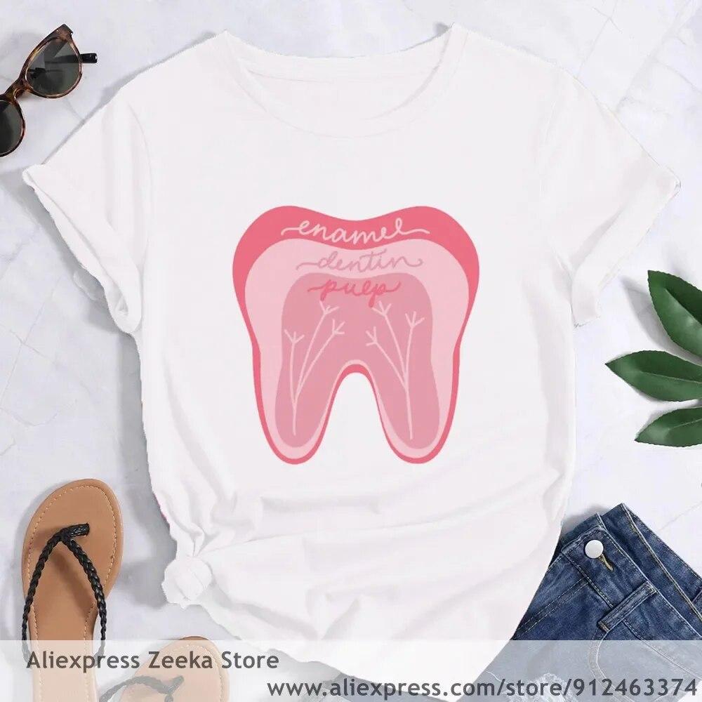 Zahn und Zahnarzt Grafik Ästhetik Frauen Lustige Print Damen T-shirt Mädchen Y2K Harajuku Basis O-kragen Weißes Hemd Kurze