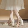 Fashion Pearl One Buckle High Heels Women's French Satin Pointed Toe Shallow Block Heel Non-Slip Square Heel Single