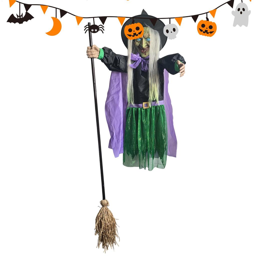 Halloweenová létající čarodějnice Dekorace létající čarodějnice s děsivými zvuky a světly Velká vznášející se čarodějnice Rekvizita se svítícíma očima
