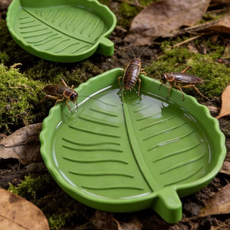 Molded Plant-Form Bowl Pair for Small Herps, Textured Plastic Dishes with Open Interiors for Food or Drinking Water