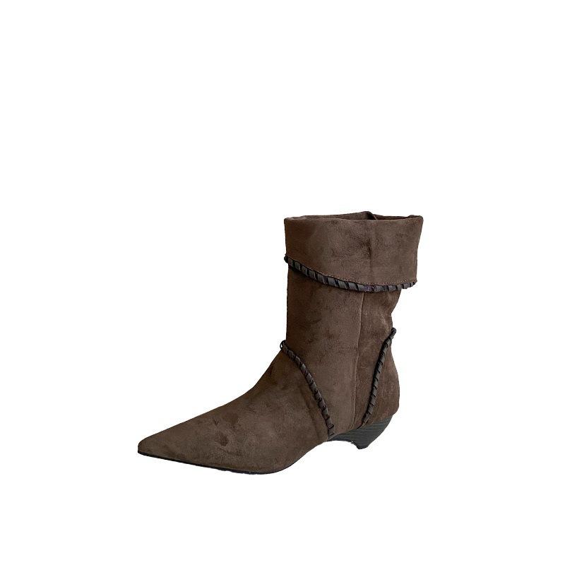 2025 European and American style wood grain and hand-tied pointed suede short boots
